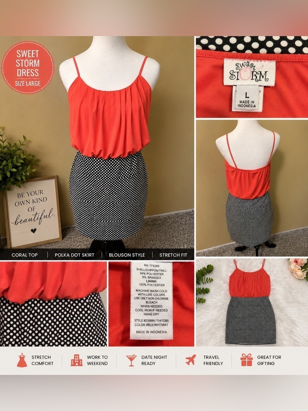 Sweet Storm Colorblock Polka Dot Blouson Dress Coral Black White Large